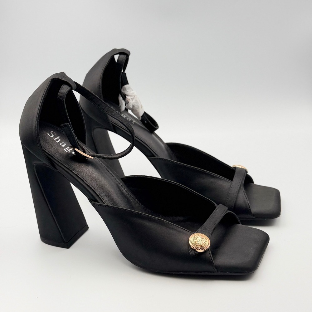 Shagal Black Satin Block Heel Sandals Square Toe Gold Medallion Women Size 10
